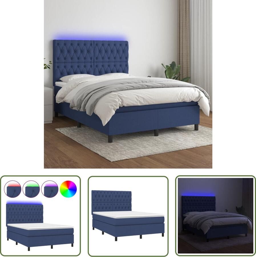 The Living Store Boxspring Blue Pocketvering Matras LED Hoofdbord Verstelbaar Huidvriendelijk Topmatras Boxspring Led Lamp Slaapcomfort Pocketveer Matras Blue Bed Frame