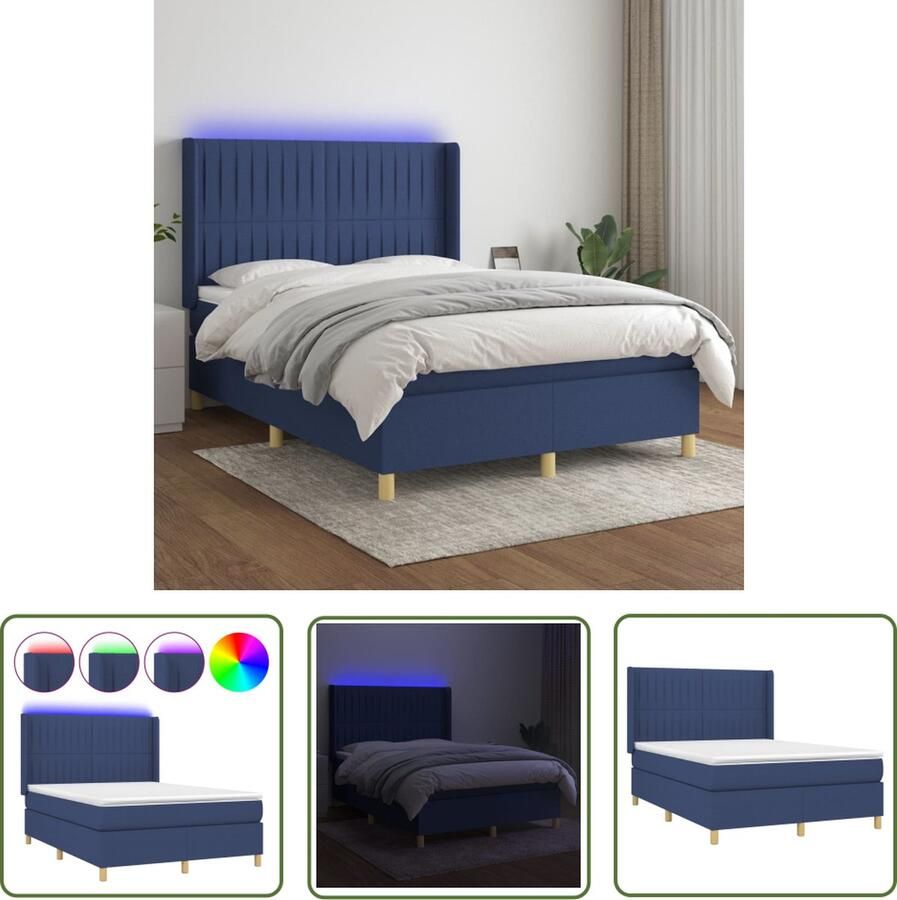 The Living Store Boxspring Deluxe Blauw 140x200 cm LED-verlichting en Pocketvering Boxspring Led Lamp Boxspring Deluxe Tweepersoons Bed Slaapcomfort