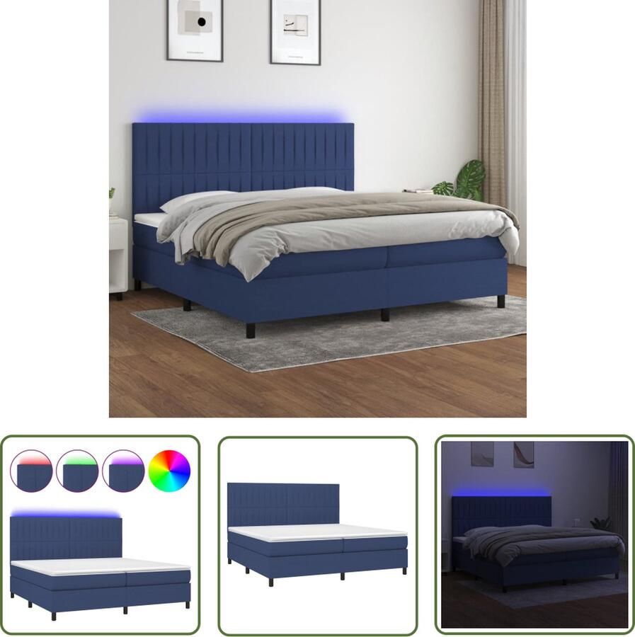 The Living Store Boxspring LED Blauw 203 x 200 x 118 128 cm Verstelbaar hoofdbord Pocketvering matras Huidvriendelijk topmatras Boxspring Led Lamp Boxspring Frame Tweepersoons Bed Elektrisch Bed