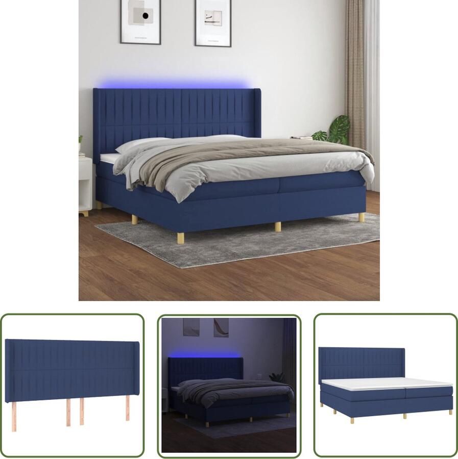 The Living Store Boxspring Pocketvering Matras LED Verlichting Verstelbaar Hoofdbord Blauw 203x203x118 128cm Boxspring Led Lamp Boxspring Frame Tweepersoons Bed Elektrisch Verstelbare Hoofdbord - Foto 2