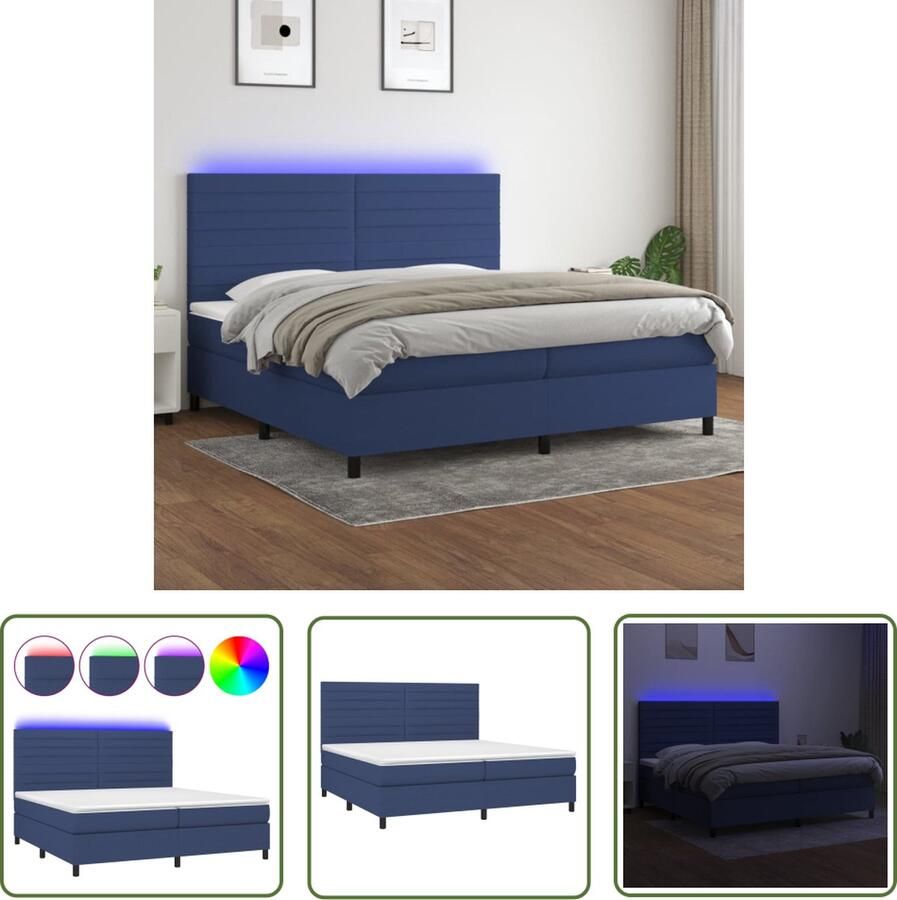 The Living Store Boxspring LED Blauw 203x200 Duurzaam bed met verstelbaar hoofdbord Boxspring Led Lamp Slaapcomfort Tweepersoonsbed Blauwdruk