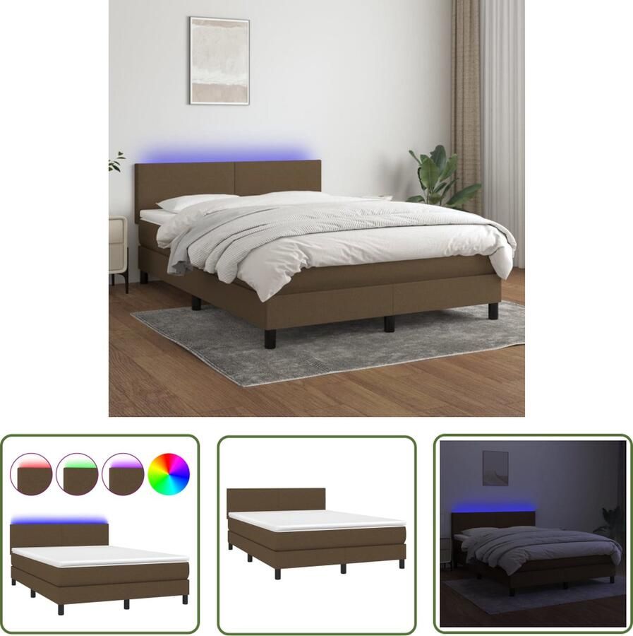 The Living Store Boxspring LED Donkerbruin 140x200 cm Met Pocketvering Matras en Huidvriendelijk Topmatras Boxspring Led Lamp Donkerbruin Bed Tweepersoons Bed Pocketed Spring Mattress