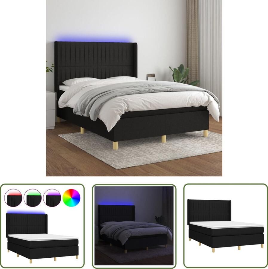 The Living Store Boxspring Bed LED 140x190 Zwart Stof Verstelbaar Hoofdbord Pocketvering Matras Huidvriendelijk Topmatras Kleurrijke LED Verlichting Boxspring Led Lamp Boxspring Bed Slaapcomfort Zware Boxspring