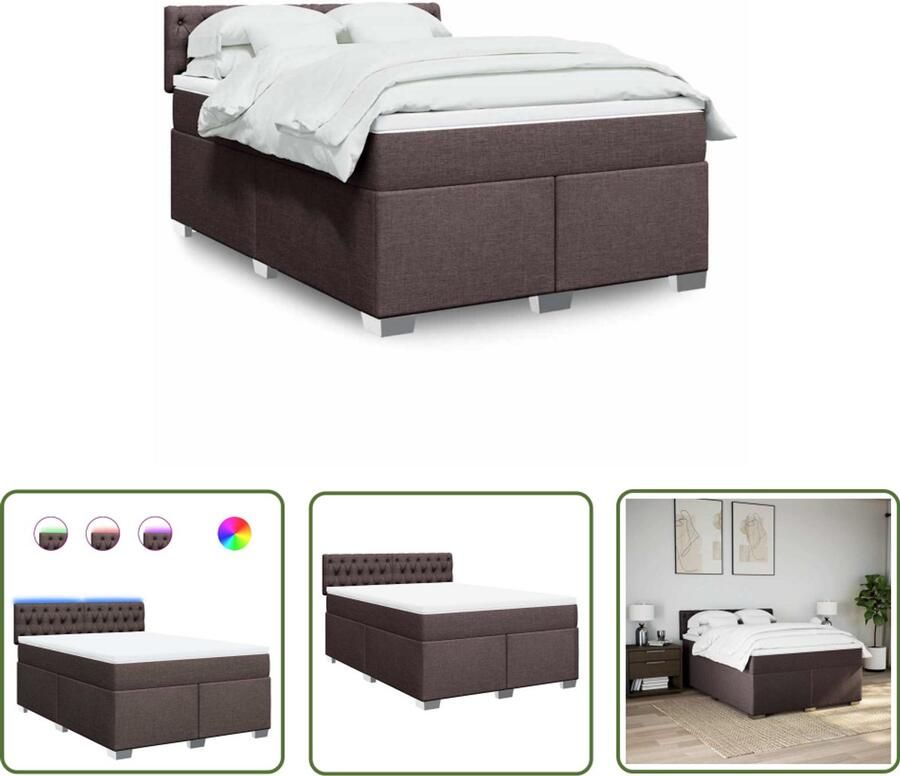 The Living Store Boxspring met matras stof donkerbruin 140x190 cm Boxspring Led Lamp Boxspringbed Tweepersoonsbed Pocketed Verenmatras