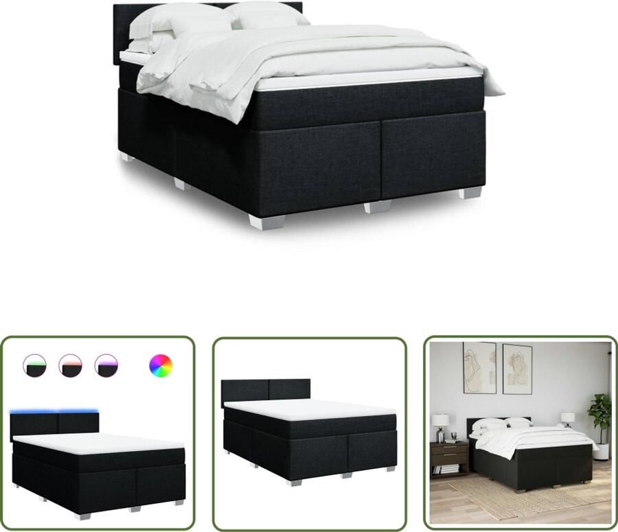 The Living Store Boxspring met matras stof zwart 140x200 cm Boxspring Led Lamp Tweepersoons Bed Pocketingmatras Slaapcomfort