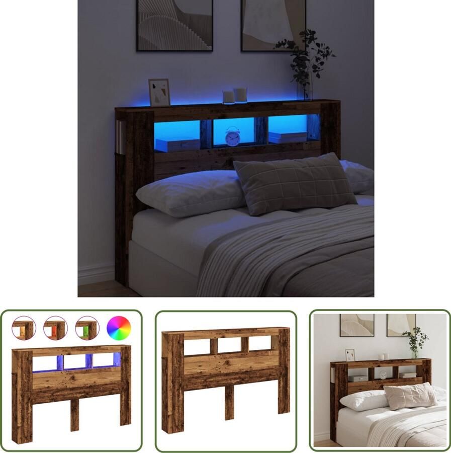 VidaXL Led Lamp Hoofdboard Hoofdeinde met LED 160x18 5x103 5 cm bewerkt hout oud hout Hoofdeinde Bedroom Furniture Houten Hoofdeinde