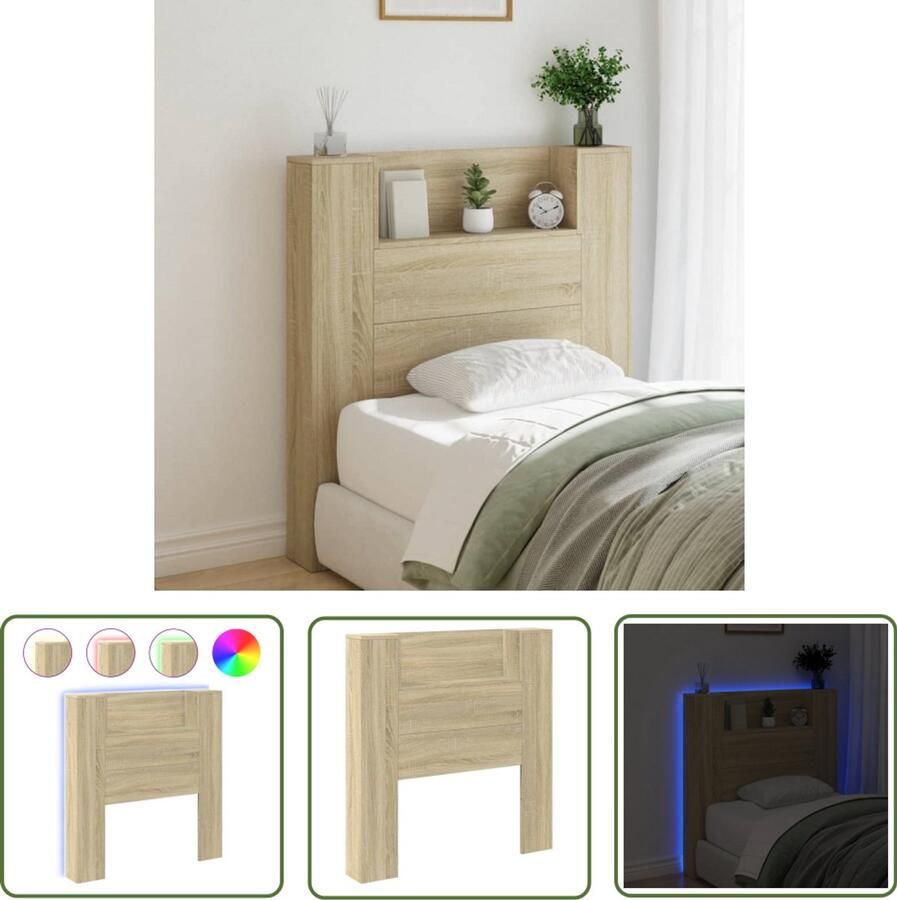 The Living Store Hoofdbordkast RGB LED 100x16.5x103.5 cm Bewerkt hout Sonoma Eiken Hoofdbord Led Lamp Bedroom Furniture Slaapkamersdecoratie Houten Hoofdbord