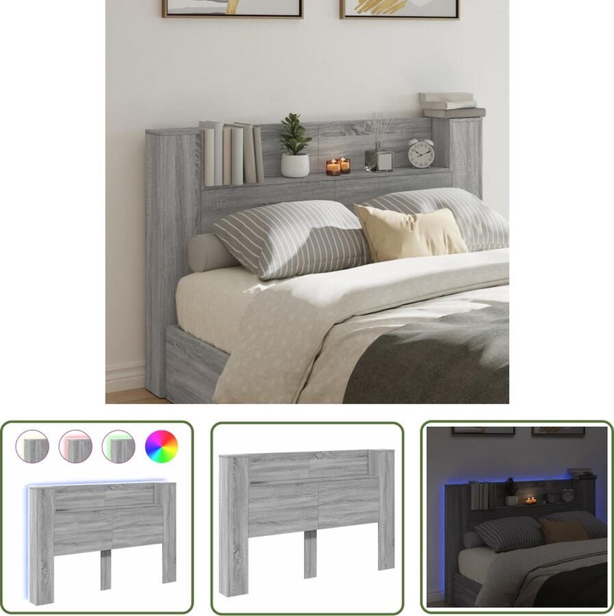 The Living Store Hoofdbordkast met LED-verlichting 160 x 16.5 x 103.5 cm Grijs Sonoma eiken Hoofdbord Led Lamp Hoofdkussen Bedroom Furniture Slaapkamersdecoratie