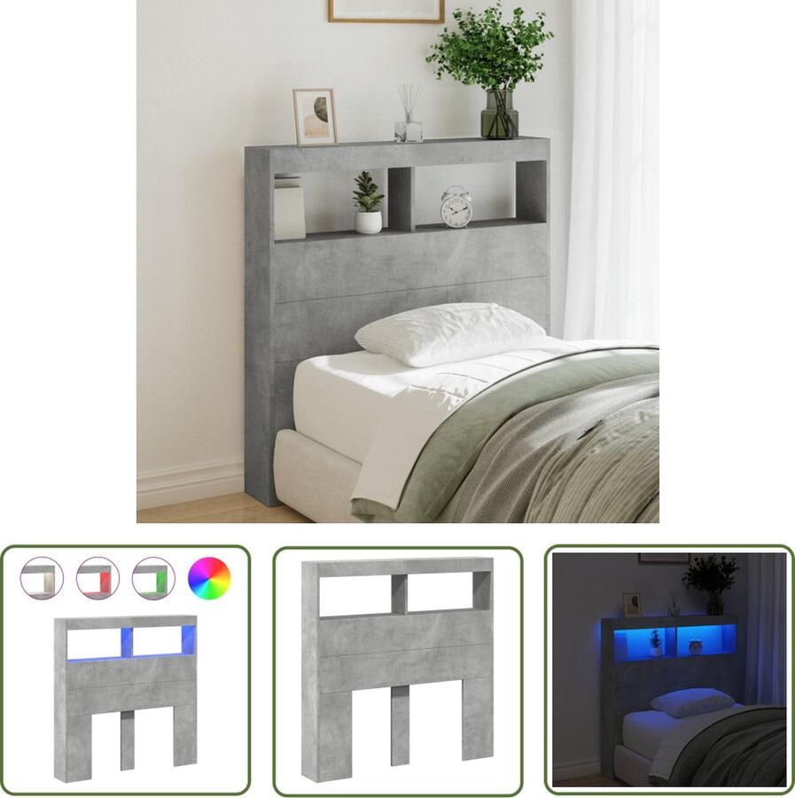 The Living Store Hoofdbordkast LED Betongrijs 100 x 17 x 102 cm RGB LED-verlichting Hoofdbord Led Lamp Beton Grijs Houten Hoofdbord Bedroom Furniture