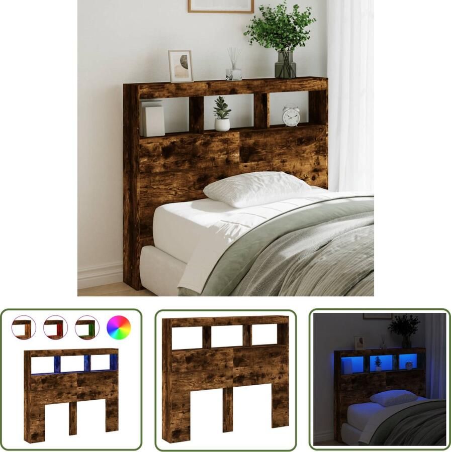 The Living Store LED hoofdbordkast 120 x 17 x 102 cm RGB LED-verlichting Gerookt eiken Hoofdbord Led Lamp Hoofdkussen Bedroom Furniture Slaapkamersdecoratie