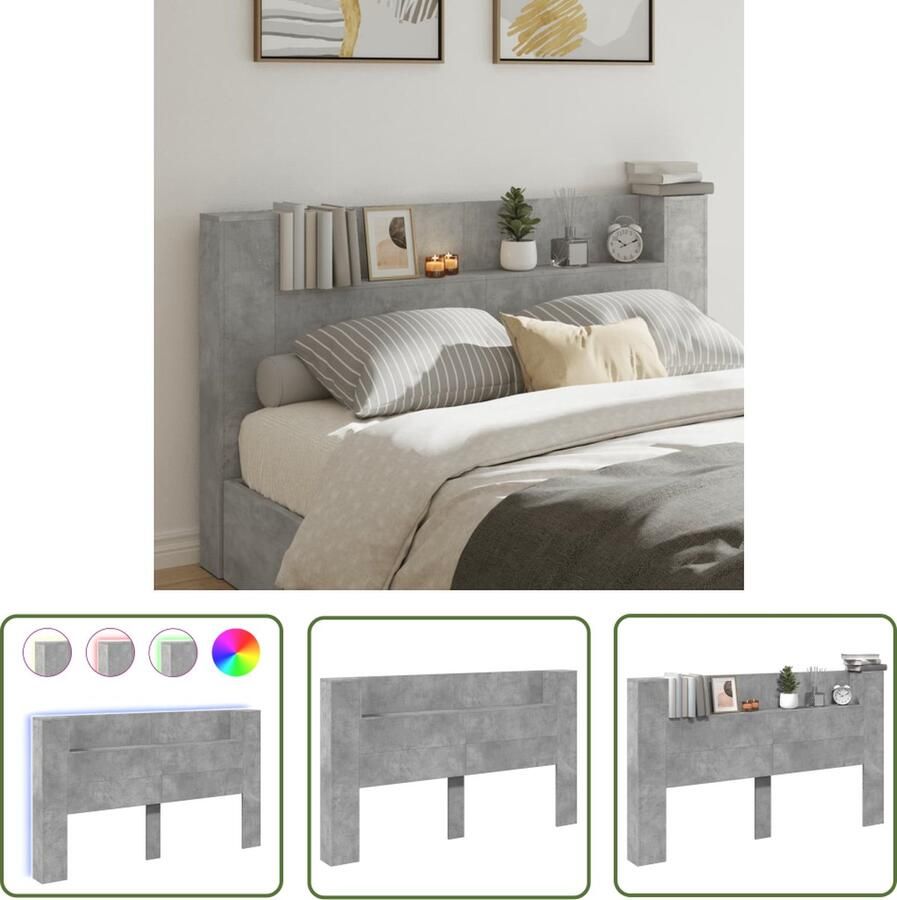 The Living Store RGB LED Hoofdbordkast 180 x 16.5 x 103.5 cm Betongrijs Bewerkt Hout Hoofdbord Led Lamp Rgb Licht Betonnen Grijs Houten Hoofdbord