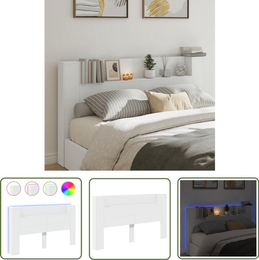 The Living Store Hoofdbordkast LED Verlichting 180 x 16.5 x 103.5 cm Witbewerkt hout RGB LED USB-aansluiting Hoofdbord Led Lamp Hoofdkussen Bedroom Furniture Slaapkamerdecoratie