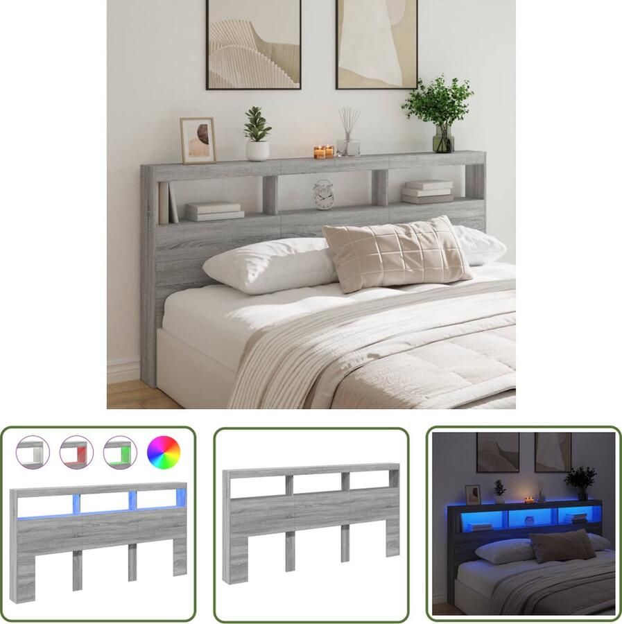 The Living Store Hoofdbord LED Grijs Sonoma Eiken 200 x 17 x 102 cm RGB LED-verlichting Hoofdbord Led Lamp Bedstelling Bedroom Furniture Slaapkamers
