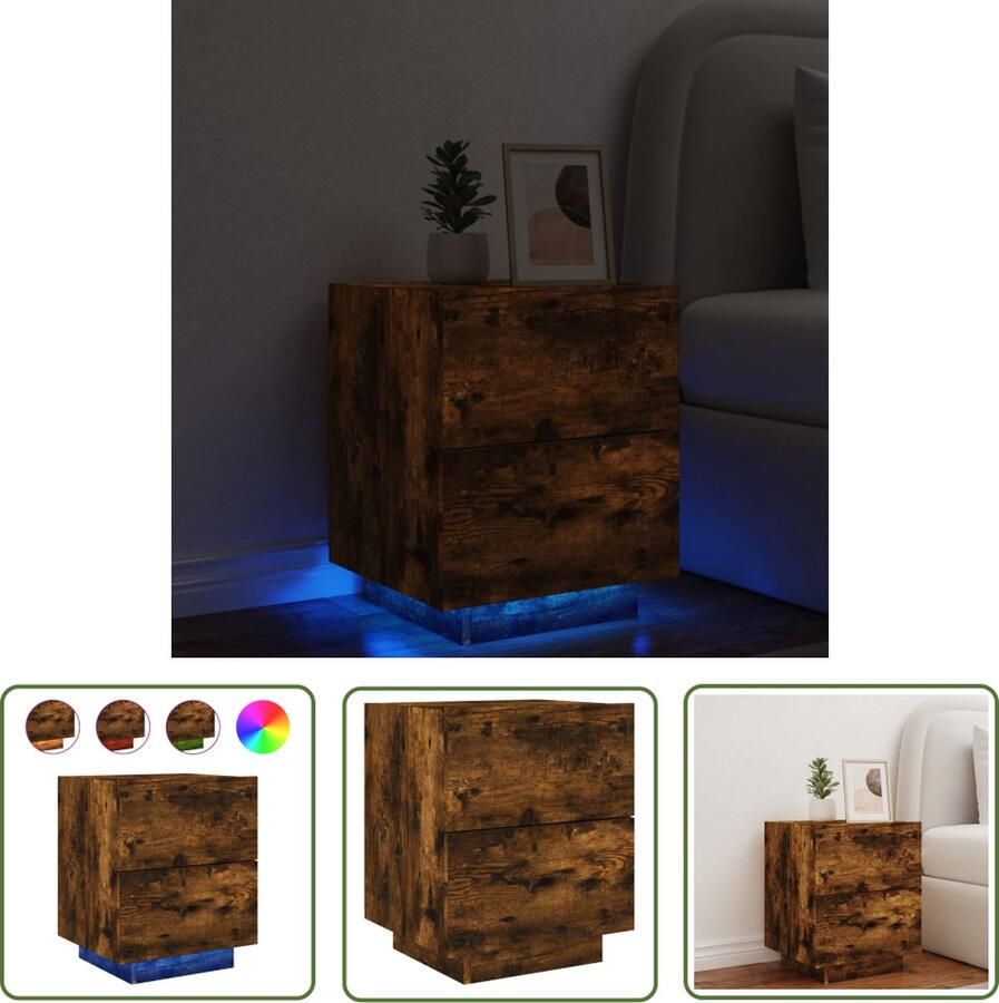 The Living Store Nachtkastje LED-Verlichting Bijzetkast met 2 Lades Gerookt Eiken 45x40x55 cm Nachtkast Led Lamp Bijzettafel Houten Nachtlamp Slaapkamermeubel