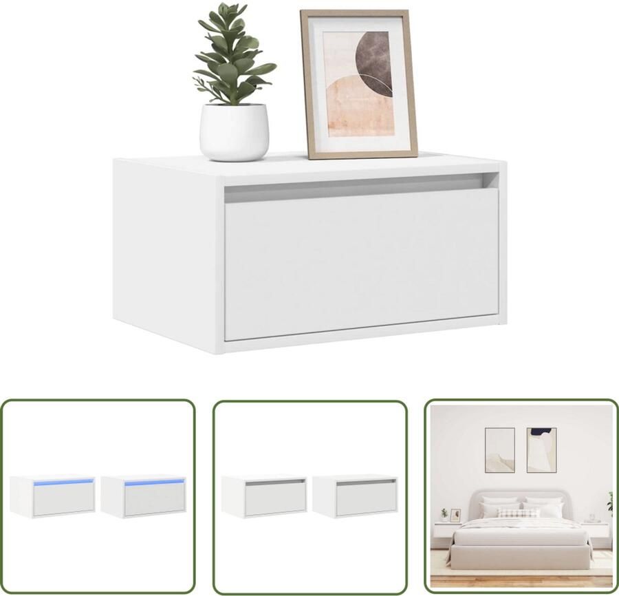 The Living Store Nachtkastjes met LED's 2 st wandgemonteerd wit Nachtkast Led Lamp Wandmontage Slaapkamerr Houten Kast