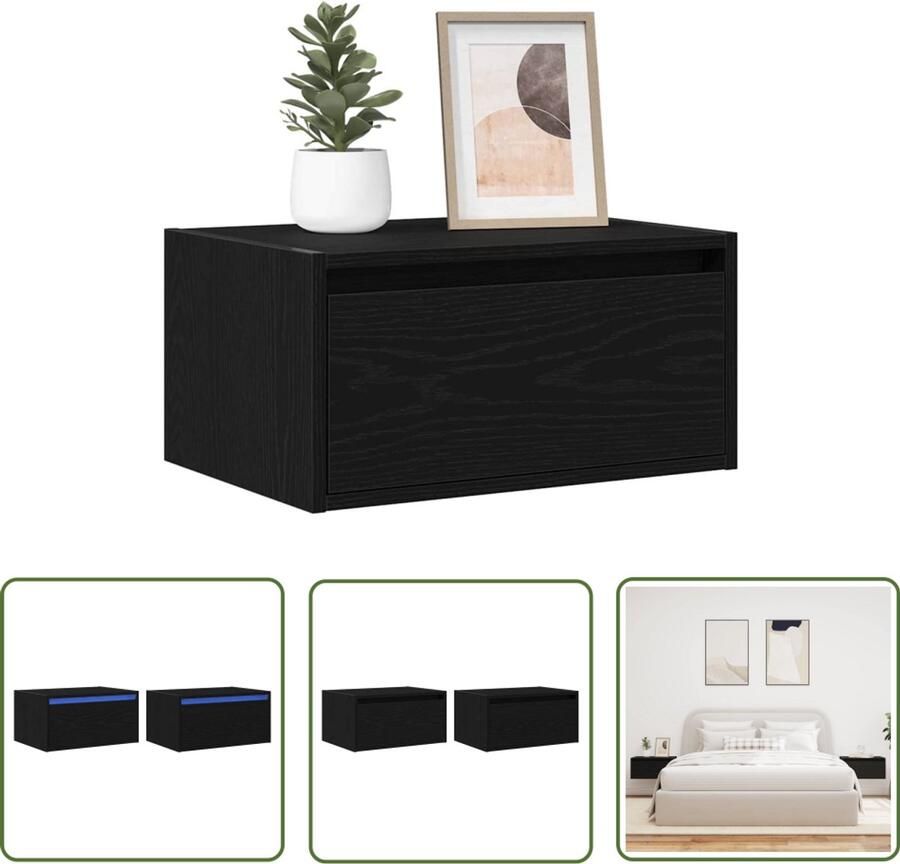The Living Store Nachtkastjes met LED's 2 st wandgemonteerd zwart eiken Nachtkast Led Lamp Wandlamp Kastje Slaapkamerr