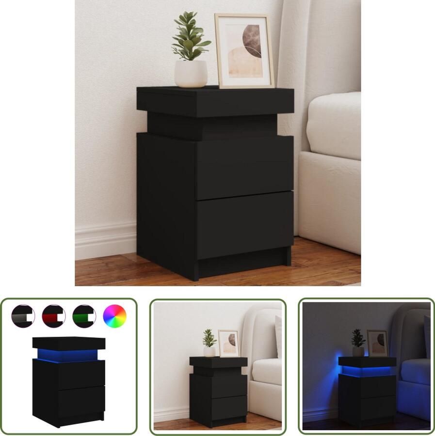 The Living Store Nachtkastje met LED-verlichting 35x39x55 cm zwart Nachtkastje Led Lamp Houten Kast Slaapkamerstijl Nachtlampje