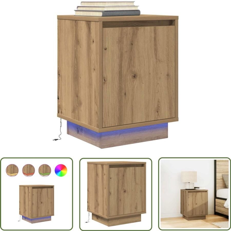 The Living Store Nachtkastje met LED-verlichting 38x34x50 cm artisanaal eiken Nachtkastje Led Lamp Houten Kast Slaapkamerdecoratie Bergruimte