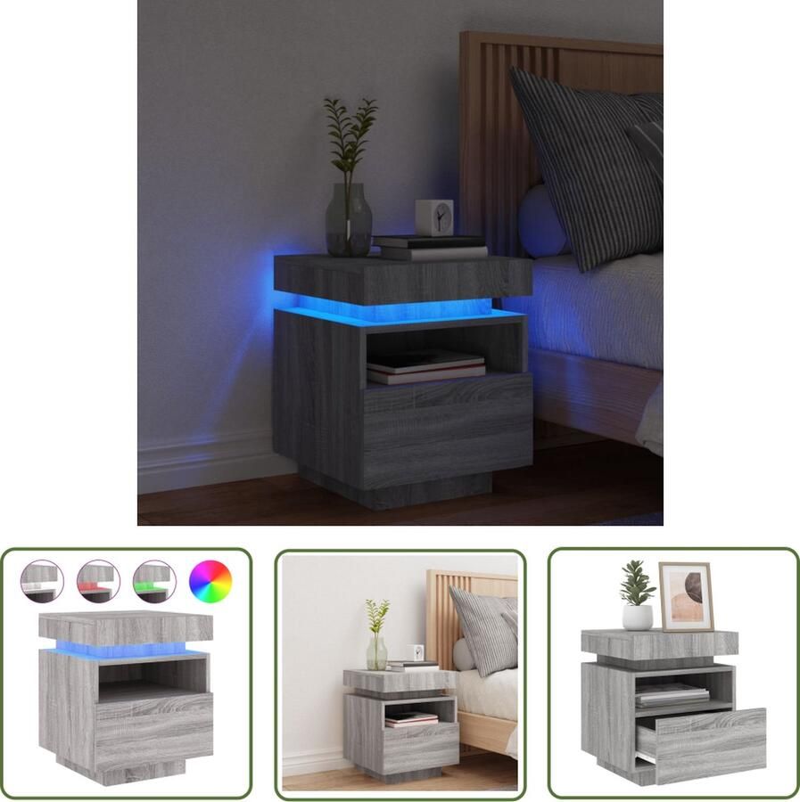 The Living Store Nachtkastje Sonoma Eiken LED-verlichting Opbergruimte Weergavefunctie USB-aansluiting Nachtkastje Led Lamp Slaapkamers Houten Kast Meubilair