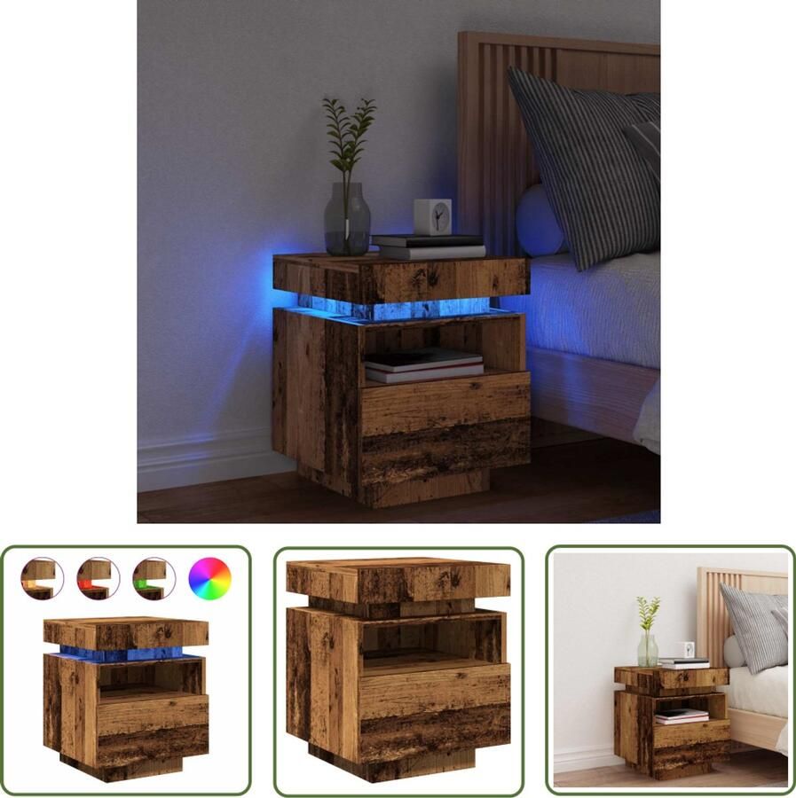 The Living Store Nachtkastje met LED-verlichting 40x39x48 5 cm oud houtkleurig Nachtkastje Led Lamp Houten Kast Slaapkamersfeer Opbergruimte