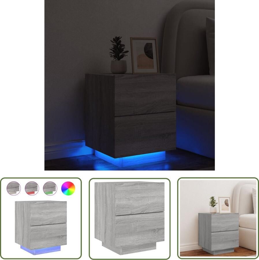 The Living Store Nachtkastje LED-verlichting Grijs Sonoma Eiken 45x40x55 cm Nachtkastje Led Lamp Grijze Nachtkast Houten Nachtkast Slaapkamersdecoratie