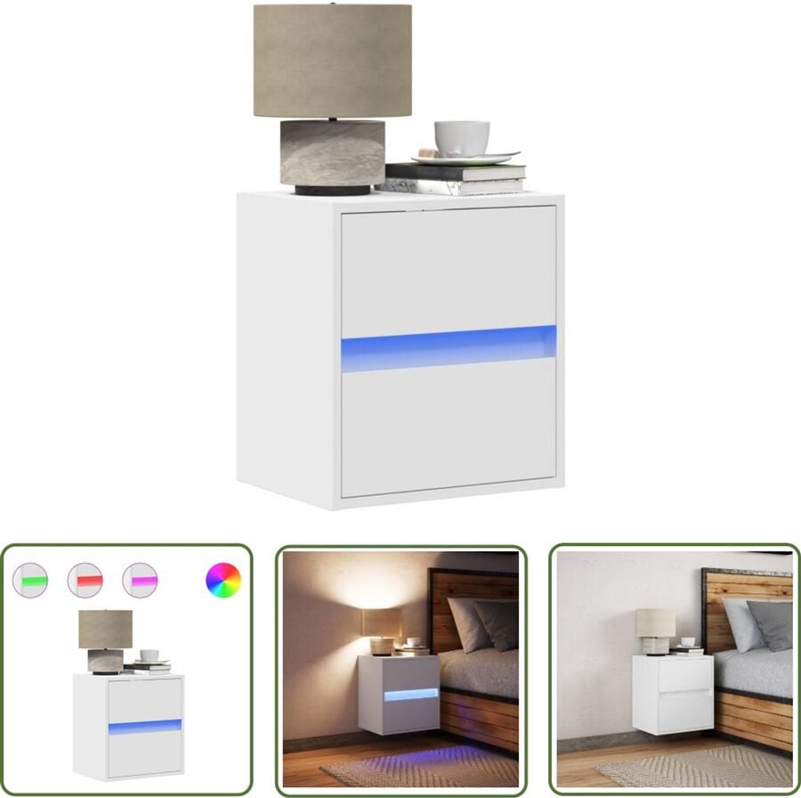VidaXL Nachtkastje met LED-verlichting wandgemonteerd wit Nachtkastje Led Lamp Wandmontage Slaapkamers Kastje