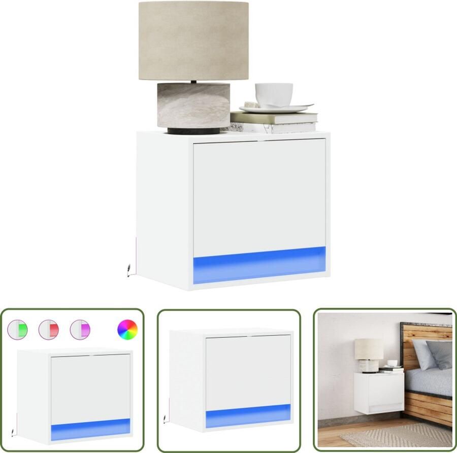 VidaXL Nachtkastje met LED-verlichting wandgemonteerd wit Nachtkastje Led Lamp Wandmontage Slaapkamers Kastje