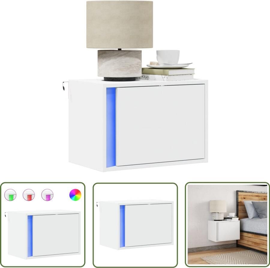 VidaXL Nachtkastje met LED-verlichting wandgemonteerd wit Nachtkastje Led Lamp Wandmontage Slaapkamersdecoratie Houten Kast