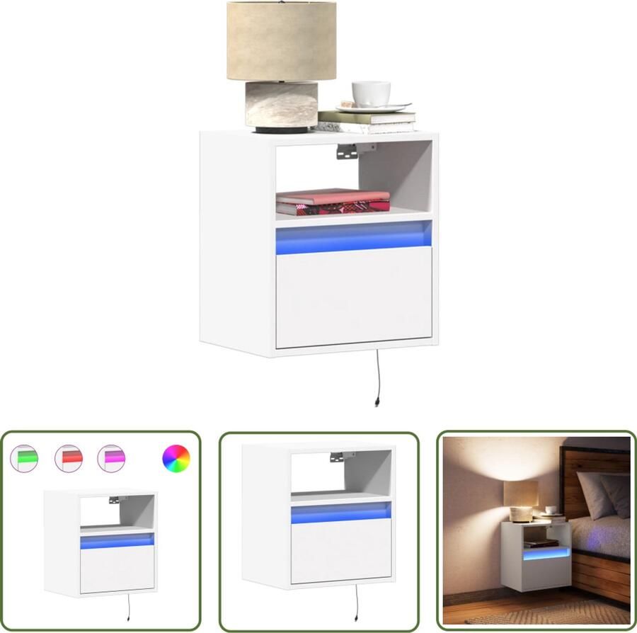 VidaXL Nachtkastje met LED-verlichting wandgemonteerd wit Nachtkastje Led Lamp Wandmontage Slaapkamersdecoratie Houten Kast