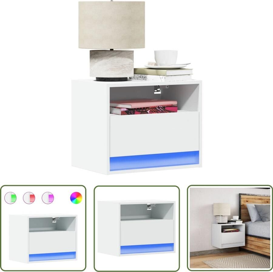 VidaXL Nachtkastje met LED-verlichting wandgemonteerd wit Nachtkastje Led Lamp Wandmontage Slaapkamersdecoratie Houten Kast - Foto 2