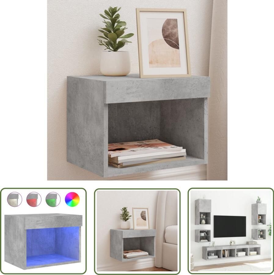 The Living Store Nachtkastje met LED's wandgemonteerd betongrijs Nachtkastje Led Lamp Betonnen Grijs Slaapkamerinrichting Wandmontage