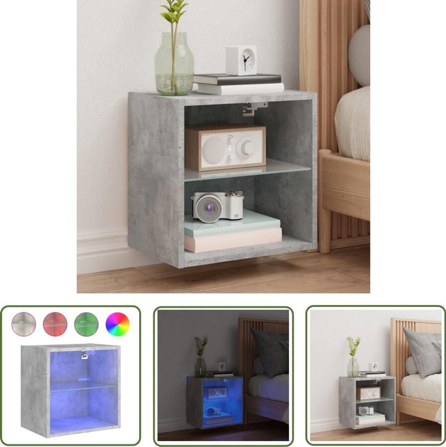 The Living Store Nachtkastje met LED's wandgemonteerd betongrijs Nachtkastje Led Lamp Wandmontage Betongrijs Houten Kast