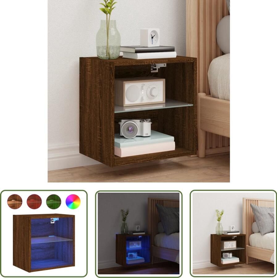 The Living Store Nachtkastje met LED's wandgemonteerd bruin eikenkleur Nachtkastje Led Lamp Bedroom Furniture Houten Kast Bruine Eiken
