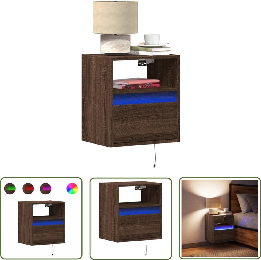 VidaXL Nachtkastje met LED's wandgemonteerd bruin eikenkleur Nachtkastje Led Lamp Wandmontage Bruin Eiken Slaapkamers