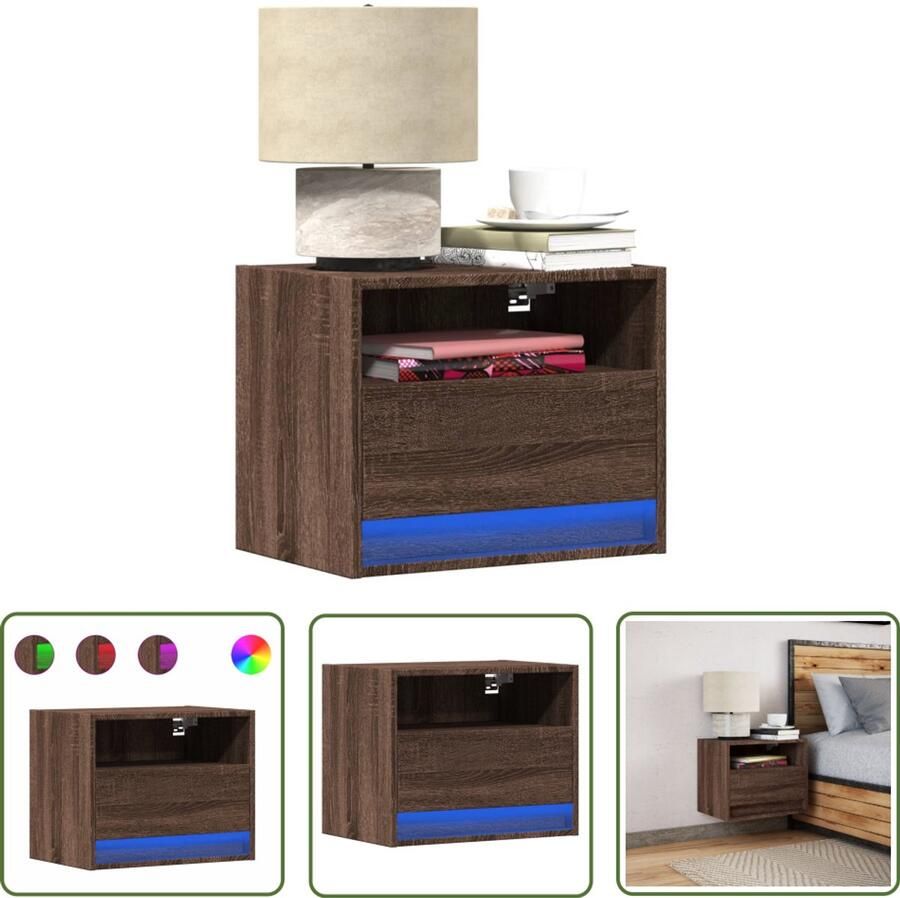 VidaXL Nachtkastje met LED's wandgemonteerd bruin eikenkleur Nachtkastje Led Lamp Wandmontage Bruin Eiken Slaapkamers - Foto 2