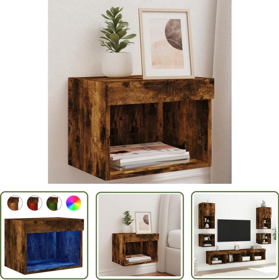 The Living Store Nachtkastje met LED's wandgemonteerd gerookt eikenkleurig Nachtkastje Led Lamp Houten Nachtlamp Bedroom Furniture Slaapkamerdecoratie