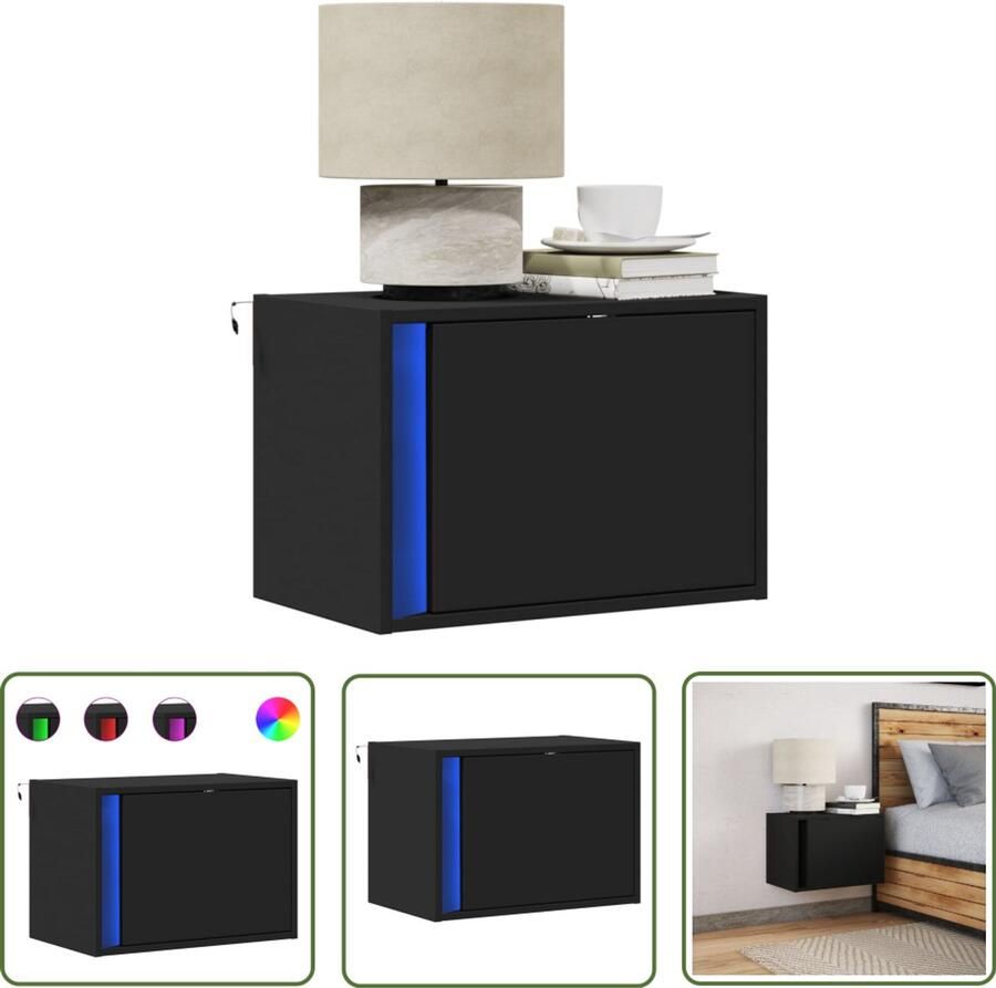 VidaXL Nachtkastje met LED's wandgemonteerd zwart Nachtkastje Led Lamp Wandmontage Opbergruimte Slaapkamerdecoratie