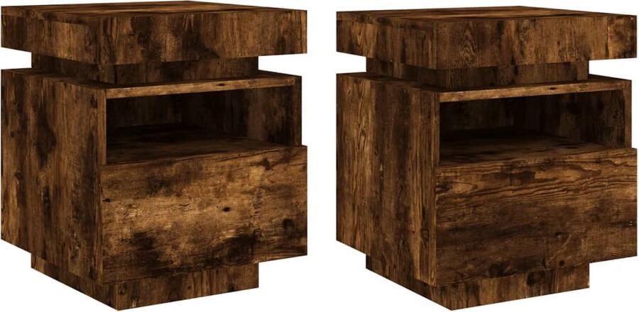The Living Store Nachtkastje LED-verlichting Afmetingen- 40 x 39 x 48.5 cm Gerookt eiken Nachtkastje Led Lamp Kastje Meubilair Slaapkamer Houten Nachtlamp