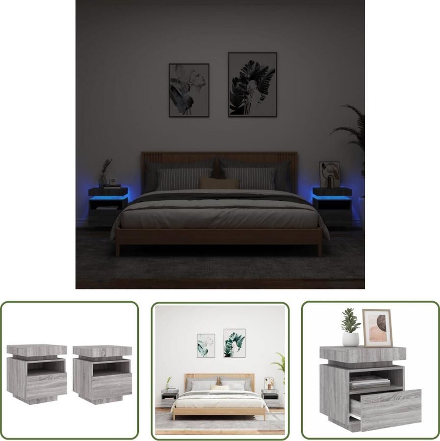 The Living Store Nachtkastje Sonoma Eiken 40 x 39 x 48.5 cm LED-verlichting Nachtkastje Led Lamp Houten Kast Slaapkamersfeer Bijzettafel