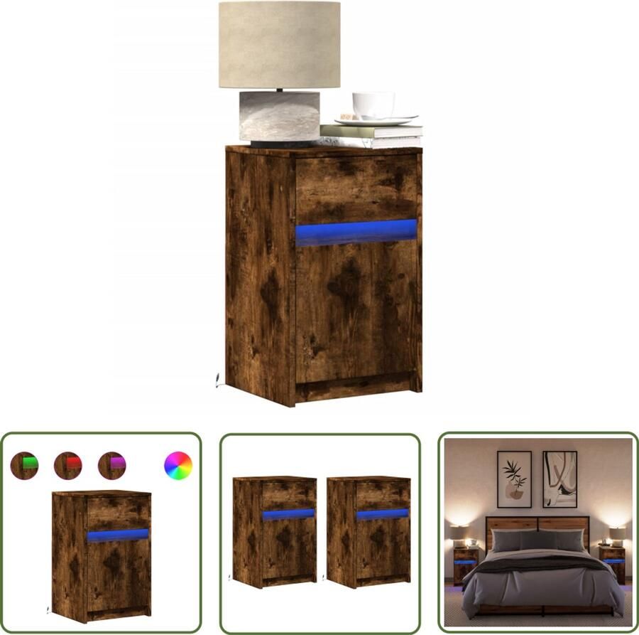 VidaXL Led Lamp Nachtkastjes met LED 2 st bewerkt hout gerookt eikenkleurig Houten Nachtkast Met Lade Slaapkamer Decoratie