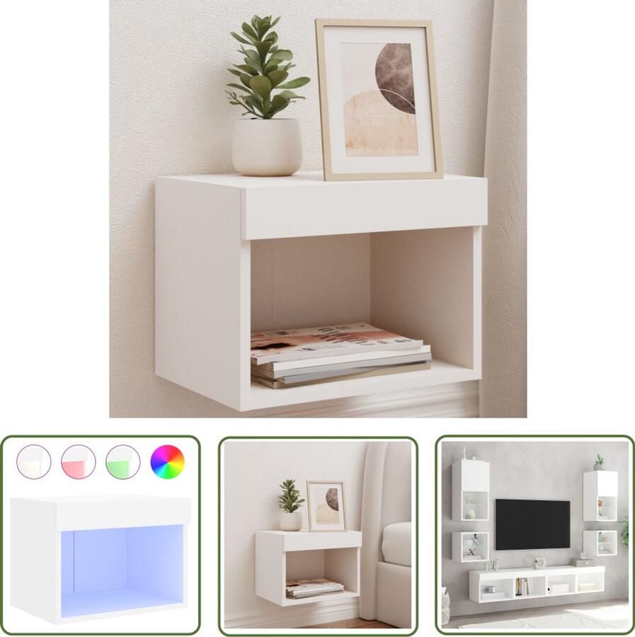 The Living Store Nachtkastje met LED's wandgemonteerd wit Nachtlamp Led Lamp Wandlamp Nachtkastje Slaapkamersdecoratie