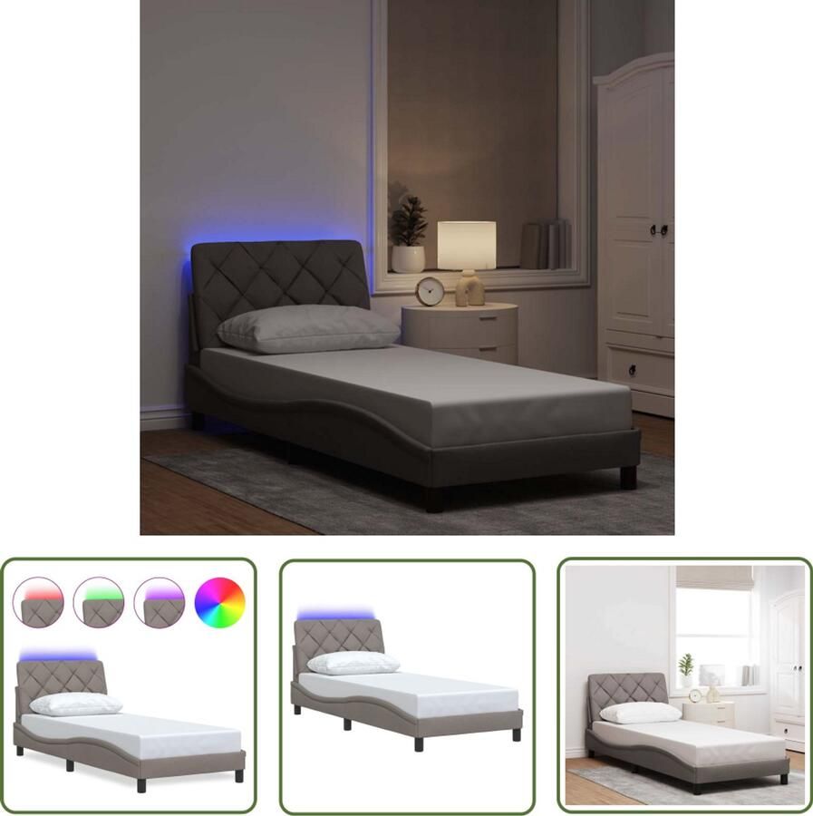 VidaXL Led Lamp Slaapcomfort Bedframe met LED zonder matras 90x200 cm stof taupe Bed Frame Tweepersoons Bed Nachtlampje