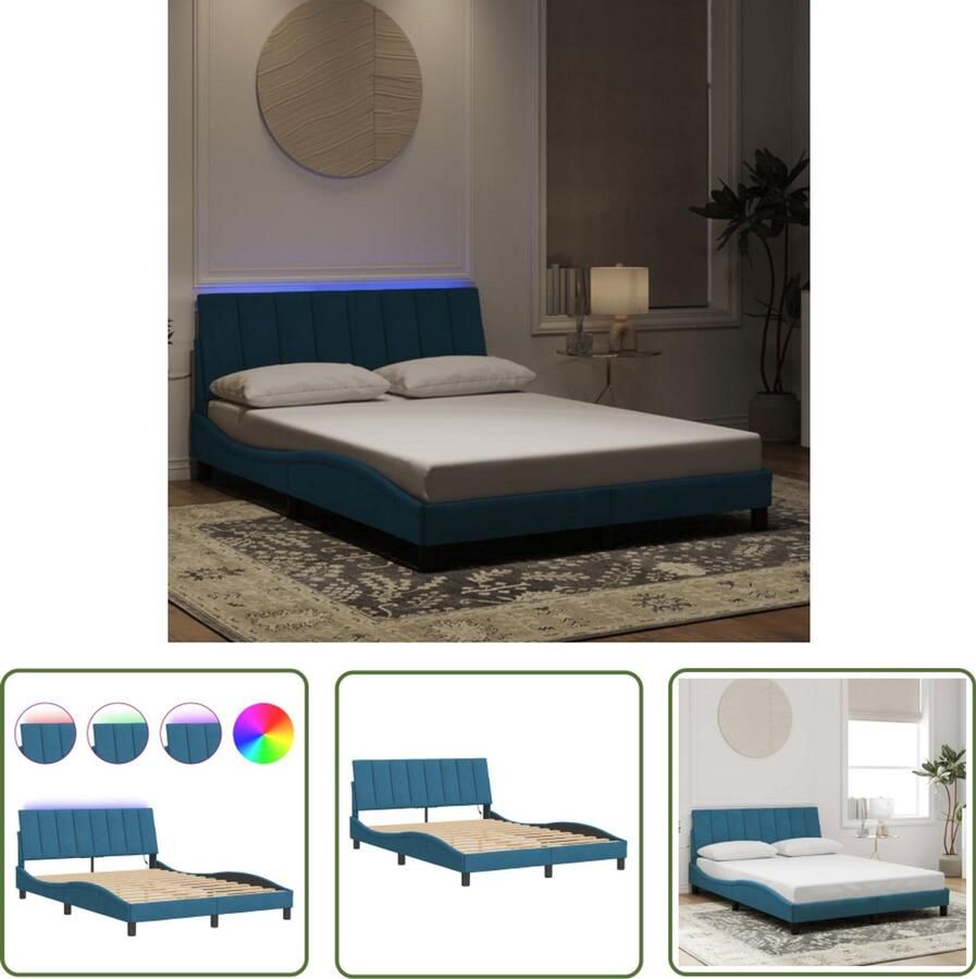 VidaXL Bedframe met LED zonder matras Hanko fluweel blauw 120x200 cm Comfortabel Bed Led Lampen Bed Fluweel Bed Blauwdruk Bed King Size Bed
