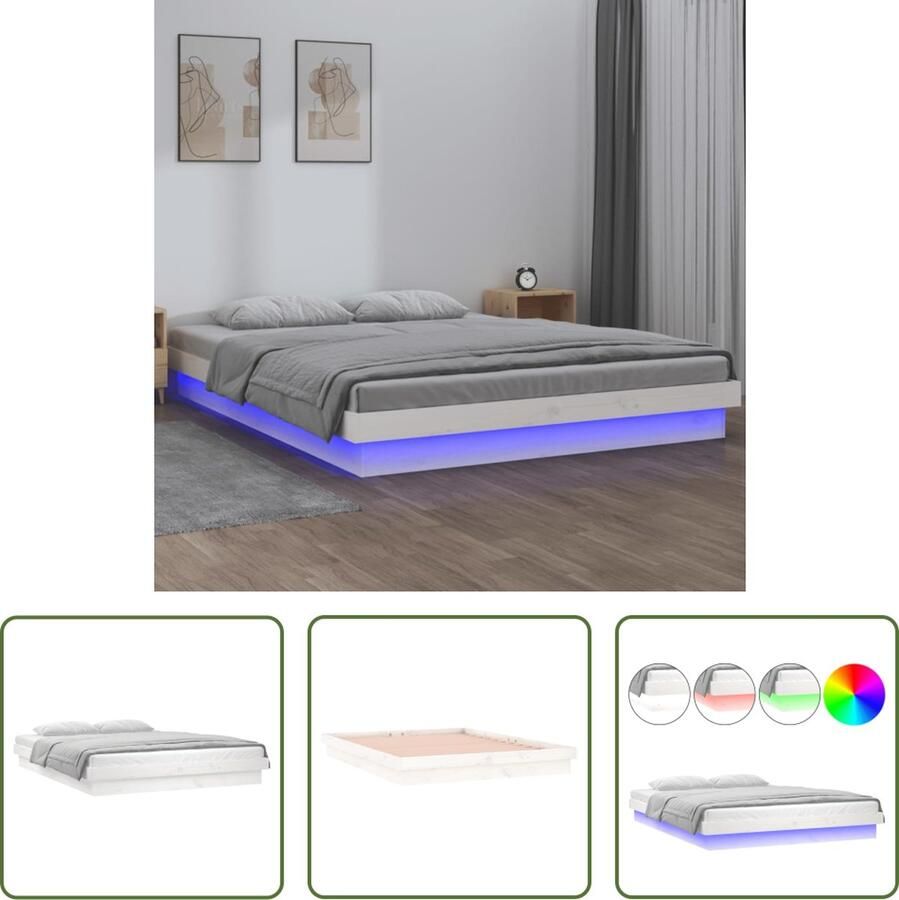 VidaXL Led Lampen Bed Massief Hout Bed Bedframe LED massief hout wit 140x200 cm Grenenhout Bed Wit Bed Tweepersoons Bed
