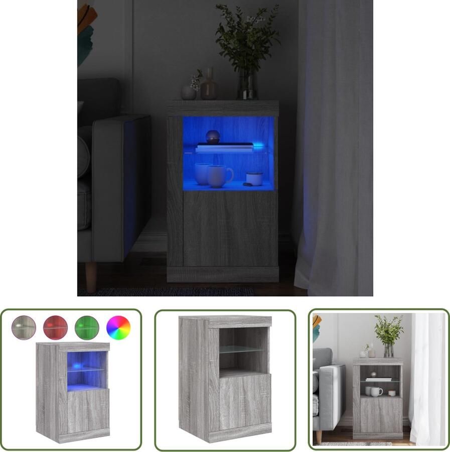 The Living Store Bijzetkast LED-verlichting RGB Opbergruimte Flexibele deur USB-aansluiting Grijs sonoma eiken 41x37x67cm Bijzetkast Led Lampen Rgb Verlichting Opbergkast Tv Stand
