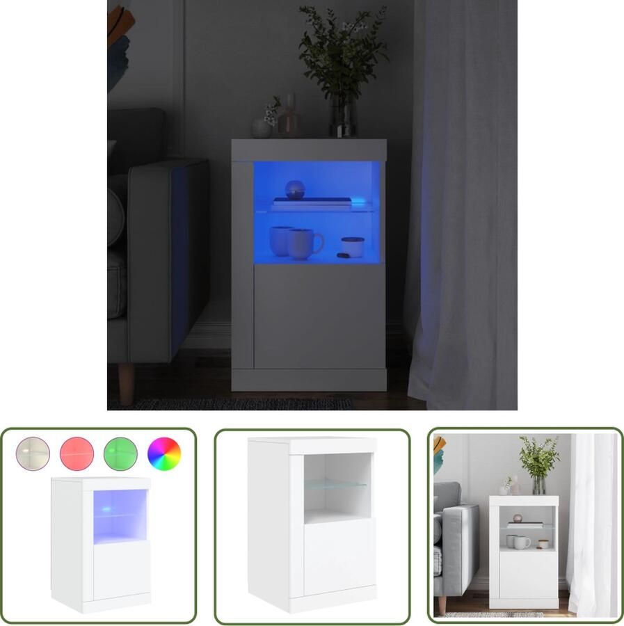 The Living Store Bijzetkast met LED-verlichting bewerkt hout wit Bijzetkast Led Lampen Opbergkast Houten Kast Wit Kast
