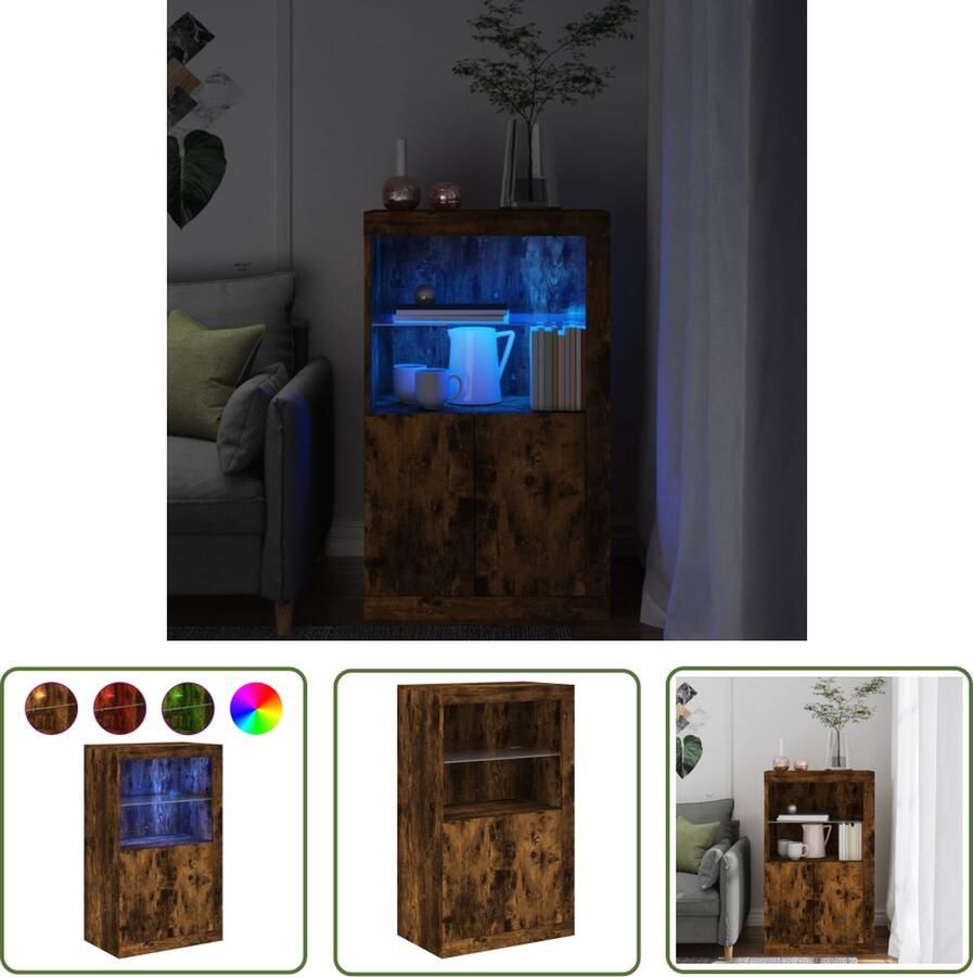 The Living Store Bijzetkast Gerookt Eiken 60.5 x 37 x 100 cm LED Verlichting Bijzettafel LED Lampen Houten Kast Bruine Kast Opbergkast