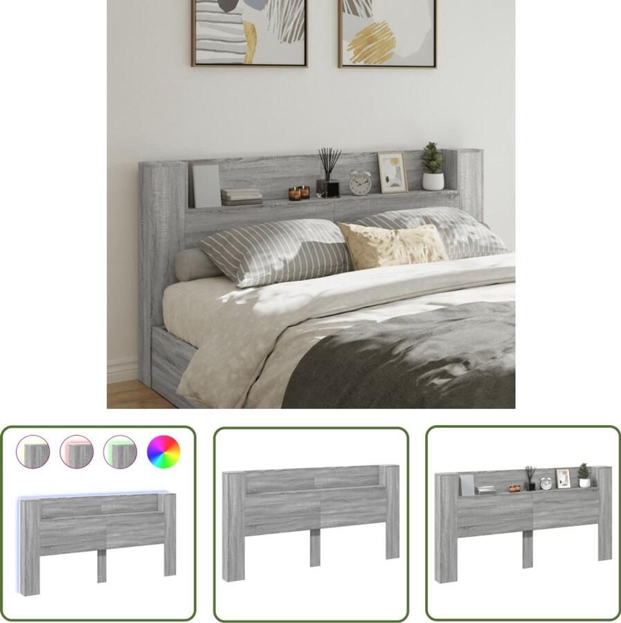The Living Store Hoofdbordkast met LED-verlichting 200 x 16.5 x 103.5 cm RGB LED Grijs Sonoma Eiken Hoofdbord Led Lampen Hoofdkussen Bedroom Furniture Slaapkamersdecoratie