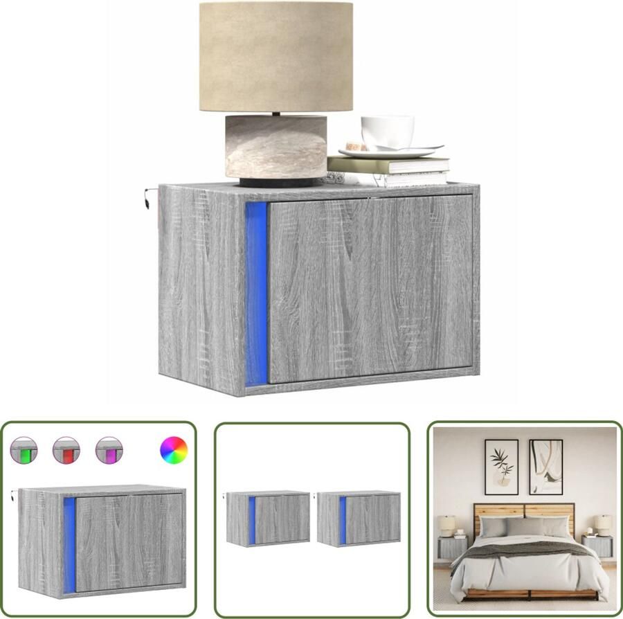 VidaXL Nachtkastjes met LED's 2 st wandgemonteerd grijs sonoma eiken Nachthastjes Led Lampen Wandmontage Grijze Nachtstandaard Bedroom Decoratie