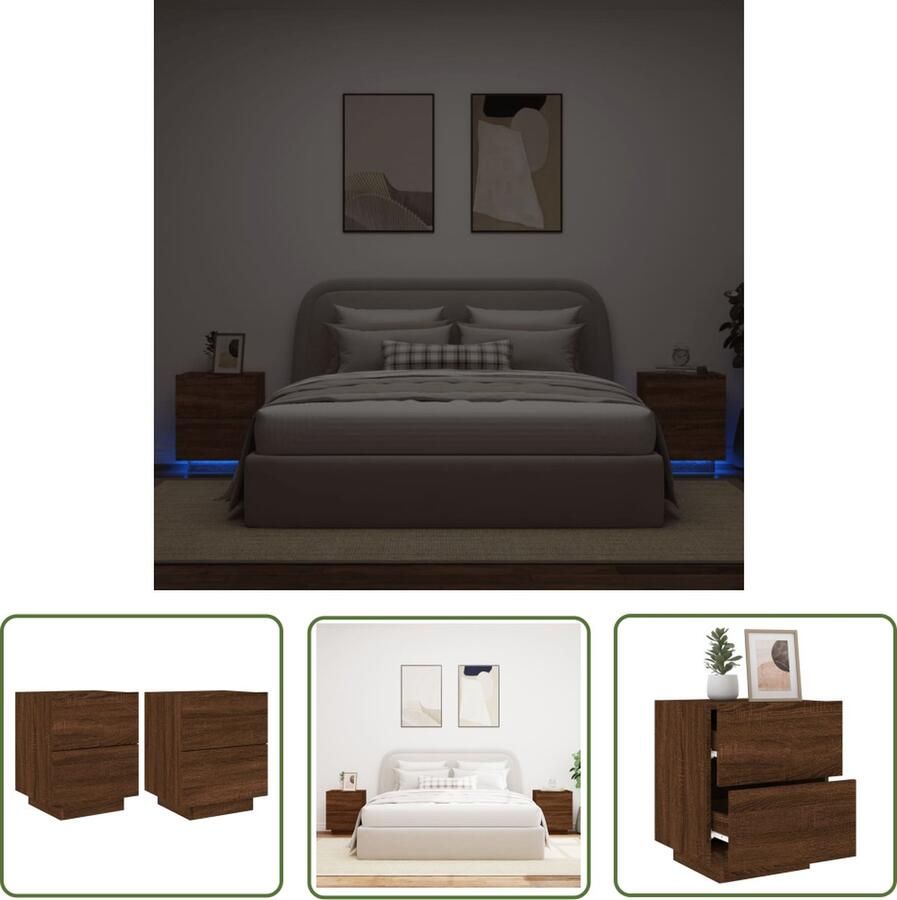 The Living Store Nachtkastjes LED Bijzetkast met 2 lades Bruineiken 45 x 40 x 55 cm USB-aansluiting Wandmontage vereist Nachtkaste Led Lampen Bijzettafel Bruin Meubel Houten Nachtlamp